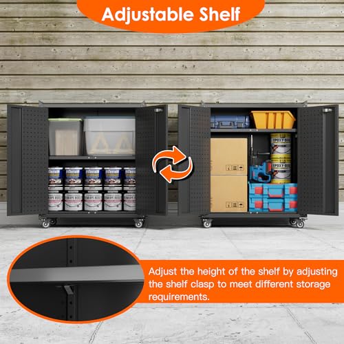 Image of Garage Storage Cabinet with Wheels & Pegboard, 31.5 inch H Locking Metal Tool Storage Cabinet with Doors and Shelf & 4 Hooks for Garage, Home, Workshops, Assembly Required, Black
