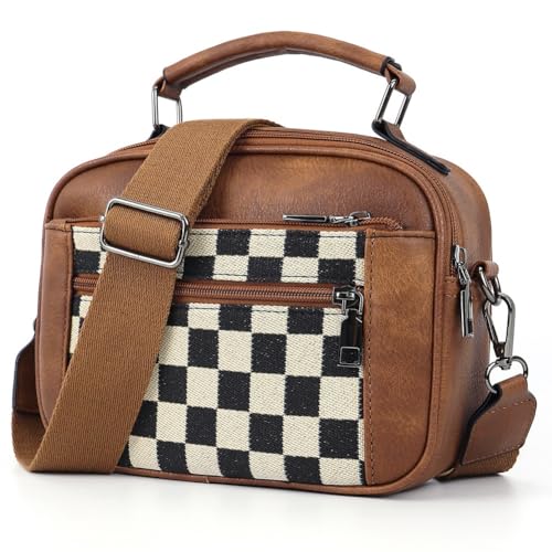 Checkered Crossbody Bags Leather Handbag Black and White Purse Checkered Purses for Women
