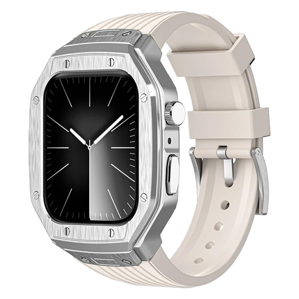 AMAUPCKCA Luxury Metal Modification Kit For Apple Watch Series 9 8 7 45mm 6 5 4 SE 44mm Rubber Band IWatch Refit Mod Kit Bezel Case Band(Starlight Silver,44mm)