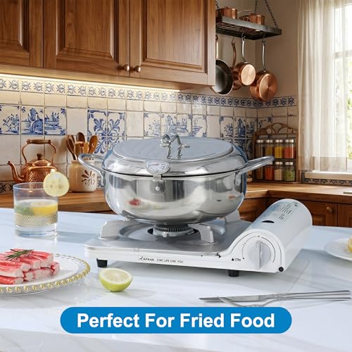 Image of FIRE RIOT Deep Fryer Pot 4.3L / 4.54 Qt (145 oz), Japanese Tempura Frying Pot with Thermometer & Lid, 304 Stainless Steel Fryer with Oil Drip Drainer Rack for French Fries, Chicken, Shrimp & More