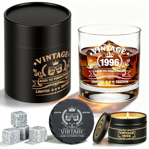 Whisky Geschenkset M&auml;nner 1996 &ndash; Geschenk zum 30. Geburtstag Mann &ndash; Vintage Whisky Glas Set mit Steinen, Kerze & Geschenkbox &ndash; Geschenk f&uuml;r Papa, Ehemann