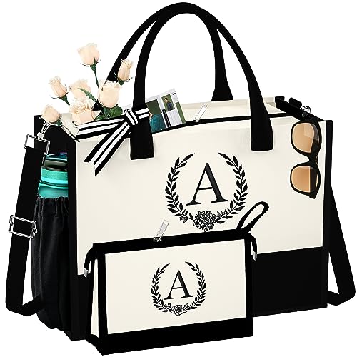 QLOVEA Gifts for Mom - Initial Canvas Tote Bag with Makeup Bag, Travel Beach Bag, Suitable for Wedding, Birthday, Beach, Holiday, Personalized Gifts for Women Friends Teacher Letter A