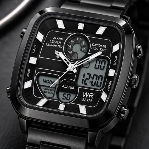 Image of Watch for Men Analog Digital Black Wrist Watch with Stainless Steel Chain, Square Dial, Dual Time Display, Alarm, LED Backlight, Chronograph, Sports Watch, Waterproof 5ATM Luxury Men's Watch