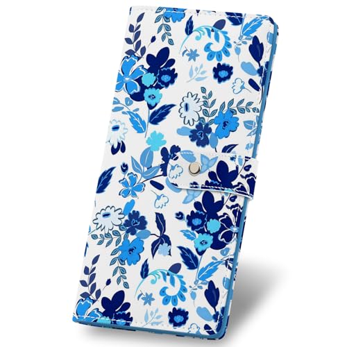 RFID Blocking Slim Womens Wallet, Bifold Credit Card Holder Purse with Zippered Coin Pocket Credit Card Slots, Secure Compact Purse for Everyday Use (Flower-Blue)