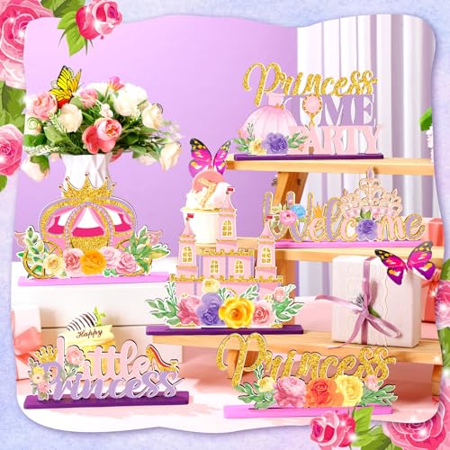 Image of 6 Pcs Princess Party Centerpieces Floral Wooden Princess Theme Table Decorations Castle Crown Carriage Pink Gold Topper Decors for Girls Birthday Spring Party Flower Baby Shower Home Indoors