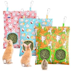 UPINS 3 Hay Bag for Rabbits 2-Hole Hanging Hay Feeder Guinea Pig Hay Bags, Hay Feeder for Rabbits Chinchillas Hamsters Small Pets and Animals(Light Color)