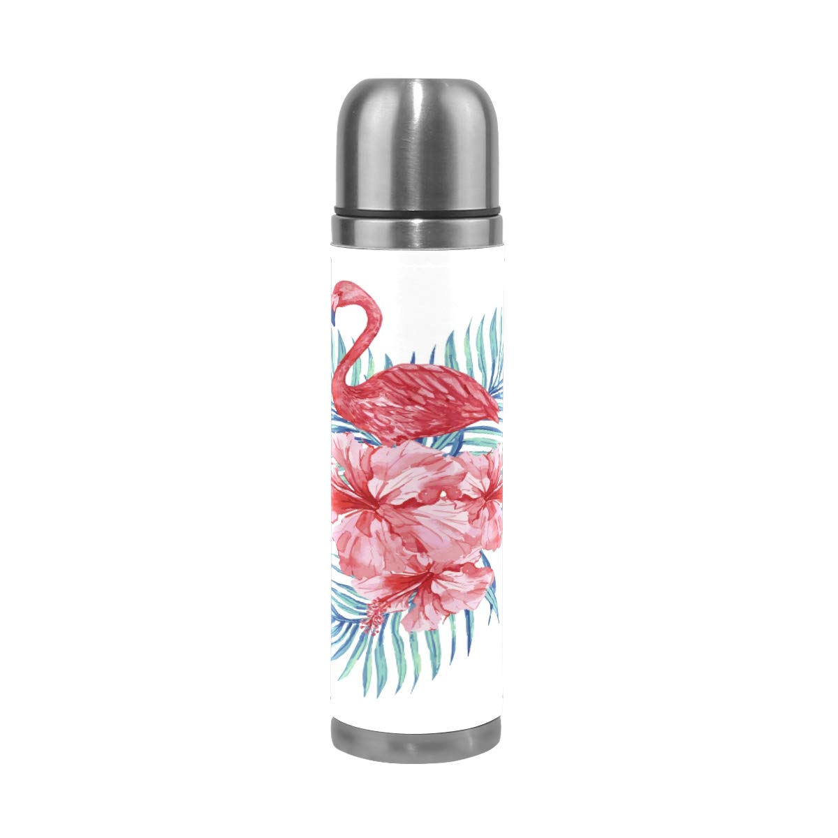 Taza de viaje aislada al vacío de acero inoxidable con doble pared a prueba de fugas, botella de taza con diseño de flamencos rosados y hibisco personalizado impreso en piel auténtica, 500 ml