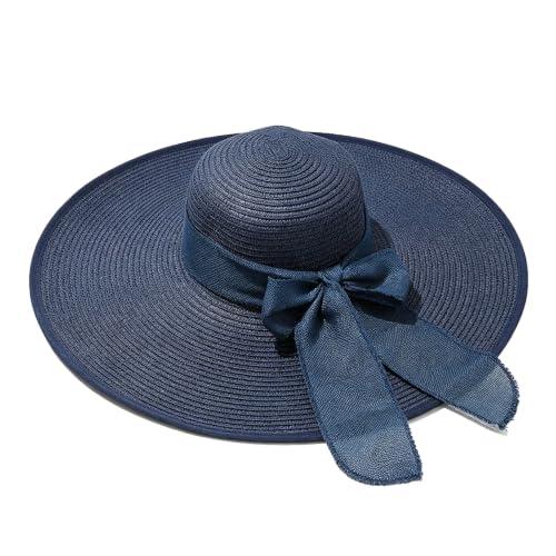 Sombrero de paja para mujer con ala ancha azul miniatura 1