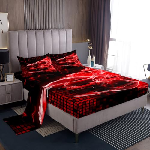 jejeloiu Race Car Flame Bed Sheets Set for Kids Boys Teens Full Size Speed Sports Fitted Sheet Ultra Soft Honeycomb Bedding Set Cool Modern Grid Bedding Collection Extreme Sports
