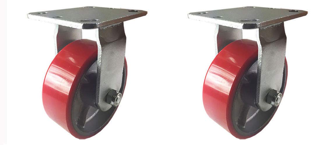 2 Heavy Duty Caster Set 4" 5" 6" 8" Polyurethane on Cast Iron Red Rigid Swivel Brake Total Lock (8": 2 Total Lock)