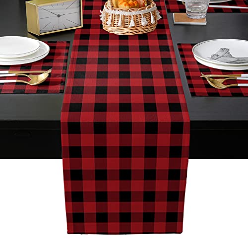 ZEREAA Weihnachtstischläufer und Platzdeckchen-Set, Rot Schwarz Plaid Weihnachten Home Decor Tischsets für Küche Esszimmer Urlaub Party Abendessen Set von 6 Cover