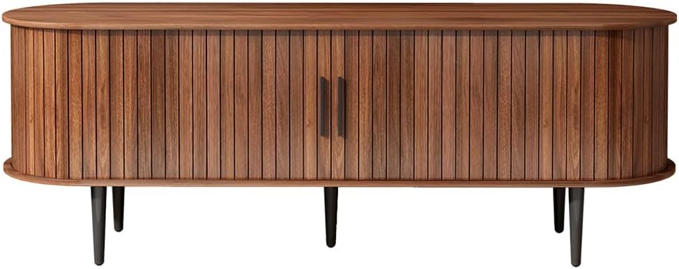 Fluted TV Stand with Sliding Tambour Door, Modern Entertainment Center with Storage Cabinet and Drawers for Living Room, Mid Century Media Console Table for TVs up to 80 Inch (Walnet, 55")