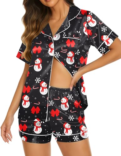 Image of Ekouaer Silk Pajamas for Women Short Sleeve Sleepwear Soft Button Down Loungewear 2 Piece Satin Pjs Shorts Set