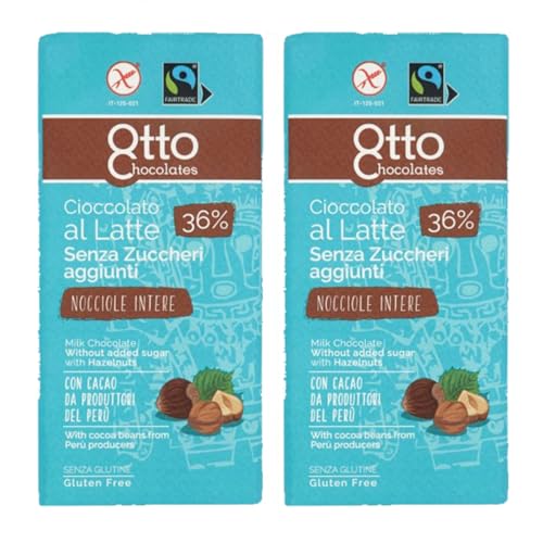 Chocolate con leche con avellanas enteras sin azúcar añadido, 100 g x 2 unidades - Otto Chocolates - Cacao 36% mínimo - con cacao de productores del Perú