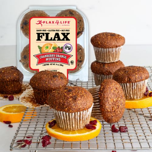 Flax4Life Cranberry Orange Muffins - Gluten-Free, Dairy-Free, Nut-Free, Soy-Free, Kosher - Made with Flaxseed for Fiber, Omega-3, and Protein - 4 ct Muffins Per Pack (Pack of 6)