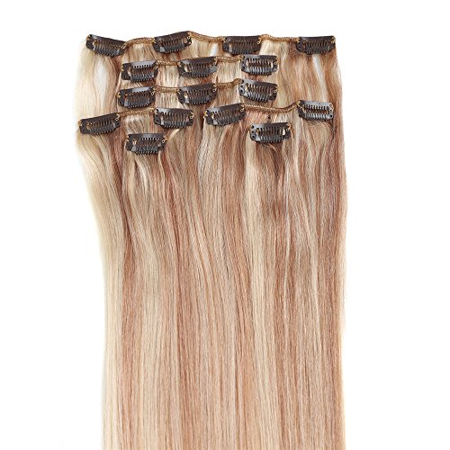 Human Hair Extensions, Grammy 15 Inch 7pcs Remy Clips in Human Hair Extensions 70g with Clips for Highlight(#18/613 Light Ash Blonde Mixed Blench Blonde)