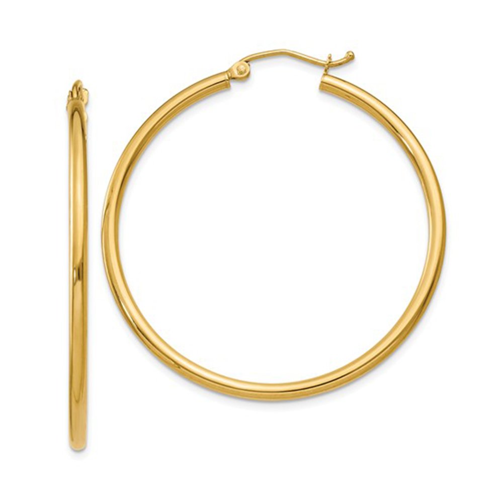 14K Gold Classic Real Hoop Earrings, (2mm Tube)
