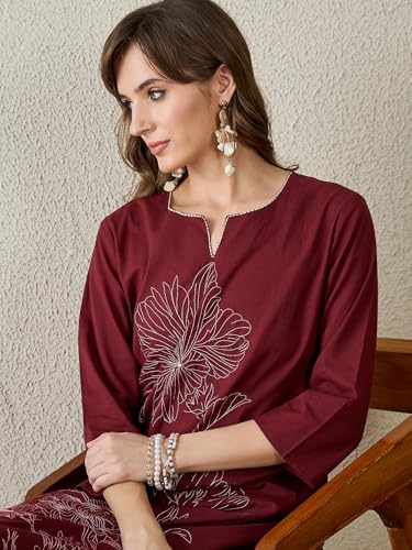 Image of INDO ERA Women's Pure Cotton Straight Embroidered Kurta with Pant | Women Kurta Set | Ethnic Wear for Women | Daily Office Casual Traditional Outfit,IESTR12241XXL | Cord Set For Women Cotton |