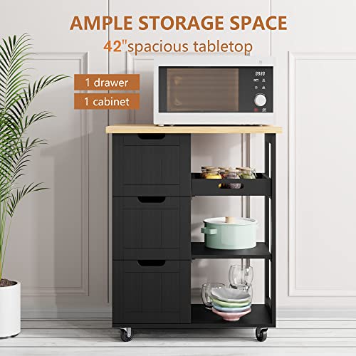 Image of SUNLEI Kitchen Island with Storage Cart Rolling Coffee Small Butcher Block Table Microwave with 3 Drawers on Wheels Station Portable Mobile Narrow Moveable Utility Counter Wood Top Spaces Bar Food