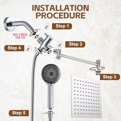 Image of Shower Head,10 inchRain Shower Head with Handheld Spray Combo and Adjustable Extension Arm /3-Way Flow Regulator /Shower System,High Pressure Rain Fall Hose,Chrome