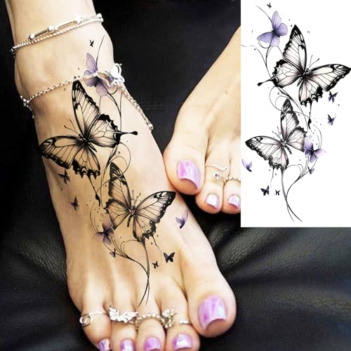 Image of 27 Sheets Watercolor 3D Rose Butterfly Temporary Tattoos For Women Thigh Leg Tattoo Sticker, Realistic Vine Leaf Flowers Fake Tattoos For Adults Forearm Half Arm Makeup Small Finger Tatoo Long Lasting