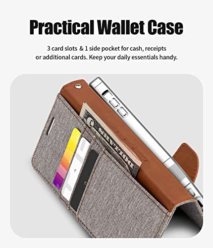 Goospery Canvas Iphone 14 Case For Iphone 14, Support Wireless Charge [3 Card & Cash Slots] Premium Denim Fabric With Magnetic Closure Kickstand Easy Card Holder Phone Cover, Gray #TOP2