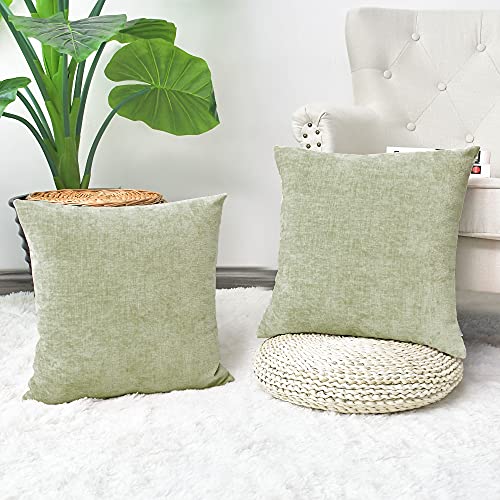 Image of CaliTime Pack of 2 Cozy Throw Pillow Covers Cases for Couch Sofa Home Decoration Solid Dyed Soft Chenille 12 X 12 Inches Sage,Green