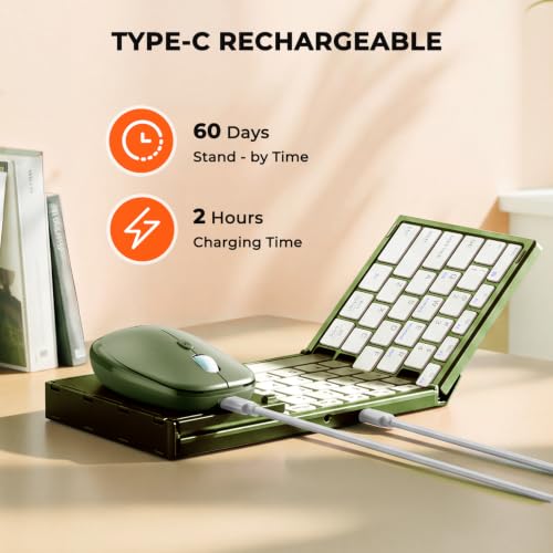 Image of MEETION Foldable Bluetooth Keyboard and Mouse, Portable Combo Green | Slim foldable keyboard and mouse set with a soft travel pouch, rechargeable and multi-device connection for work on the go