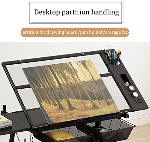 Drafting Desk, Glass Drafting Table Desk, Height Adjustable Drafting Table, 0-50°Tilting Drawing Desk, Artist Desk Study Table with 2 Slide Drawers F(
