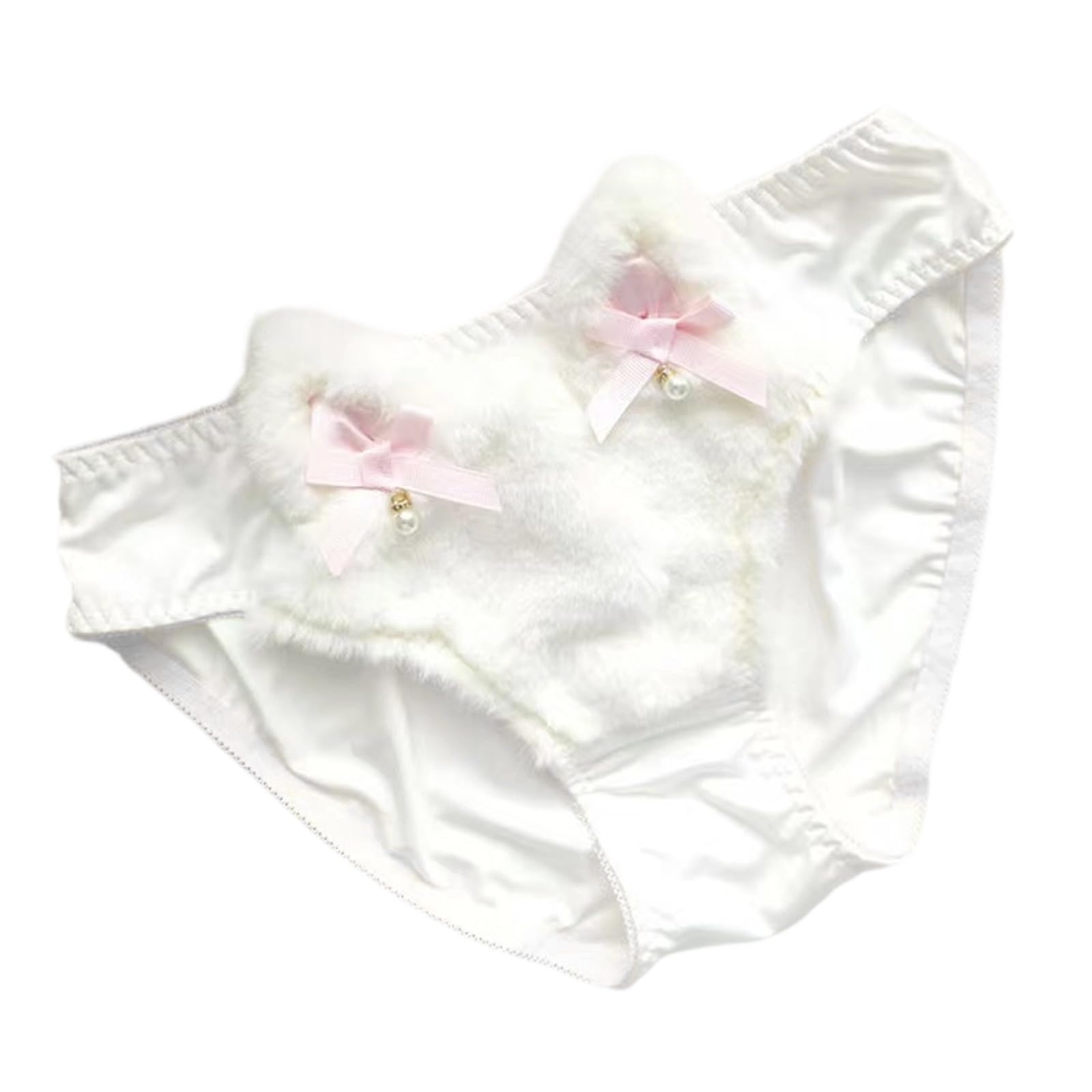 Woedpez Cats Ear Bowknot Accent Ladies' Furry Plush Panties Underwear Japanese Anime Kitten Lingerie Briefs Intimates Hipsters Cute Cats Ear Women's Lingerie Thong White