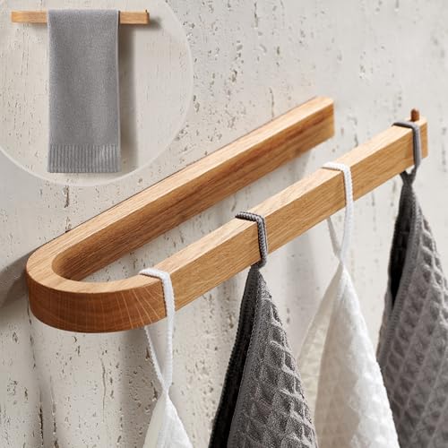 DEKAZIA® Portasciugamani Legno da Parete | Senza Forare | Porta Asciugamani in Quercia Sostenibile | Barra da Forare o Incollare | Portasciugamani Quercia | Portarotolo Cucina
