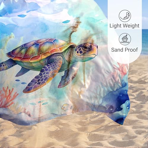Image of Sunlit Silky Soft 81 inchx106 inch Sand Proof Beach Blanket Sand Proof Mat with Corner Pockets and Fashion Mesh Bag for Beach Party, Travel, Camping and Outdoor Music Festival, Vibrant Turtle and Coral