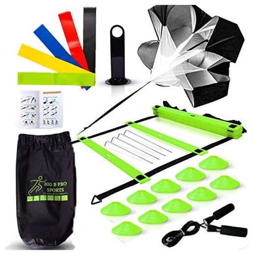 Big B Pro Sports Speed Agility Training Set - Includes Ladder, 10 Cones with Holder, Running Parachute, Jump Rope, Resistance Bands - for Training Football, Soccer, Hockey, and Basketball Athletes.
