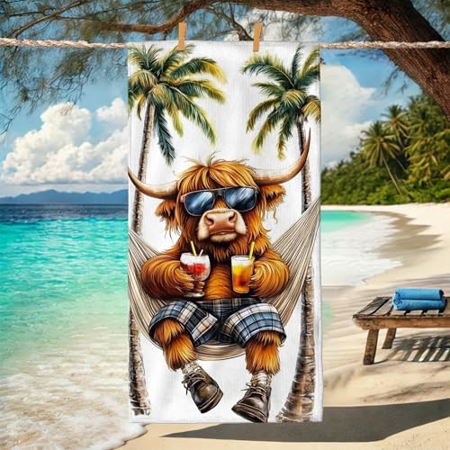 Funny Highland Cow Beach Towel Cartoon Animal Microfiber Relaxing Hamock Sunset, Quick Dry Sand Free Lightweight Pool Towel, Summer Vacation Essentials 70x35 Inch