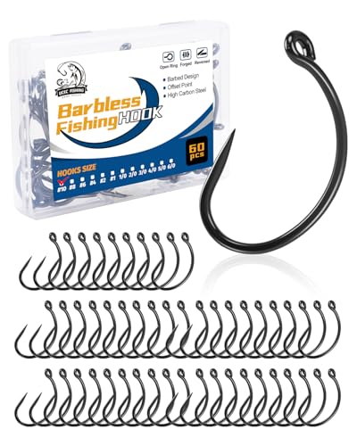 UCEC 60PCS Barbless Fishing Hooks Size #10 High Carbon Steel Carp Hooks with Curved Shank Eye Barbless Hooks for Freshwater & Saltwater Fishing