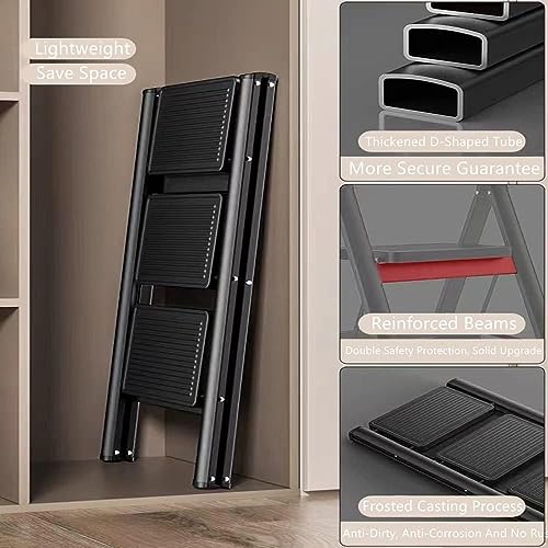 Image of Folding Step Stool with Wide Anti-Slip Pedal[150 kg] Capacity Heavy Duty Lightweight Portable Black Ladder Household Kitchen Office Space Saving Multifunctional Indoor Car Wash Outdoor (3 Step Ladder)