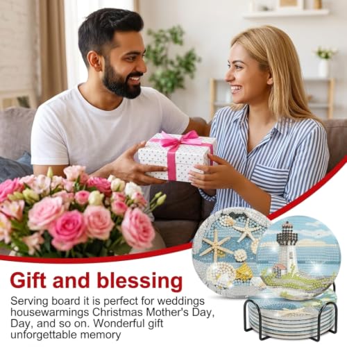 Image of HASTHIP 8 Pcs Diamond Painting Coasters Kits, Exquisite Diamond Painting Coasters with Holder, DIY Art and Crafts for Adults Kids Style Acrylic Beach Style Coaster DIY Art Kit for Adults Home Decor