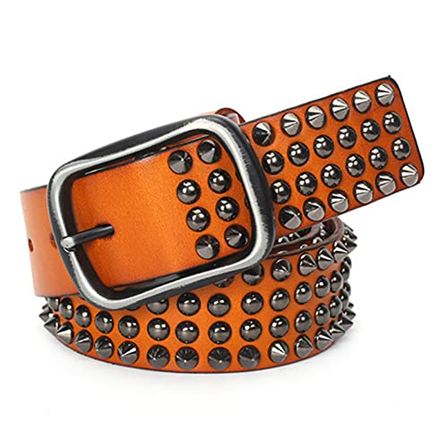 Punk Rock Cowhide Leather Studded Belts with 4 Row Cone Spike and Circular Rivet in Arrangement Suitable for Jeans(105cm/waist:34"~36", Yellow)2