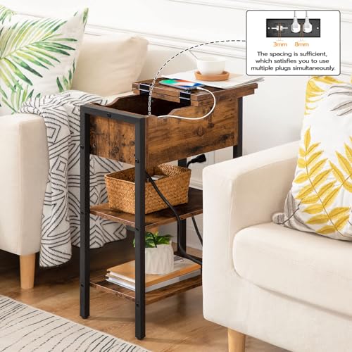 HOOBRO Narrow End Table with Charging Station and USB Ports for Small Spaces - Rustic Brown