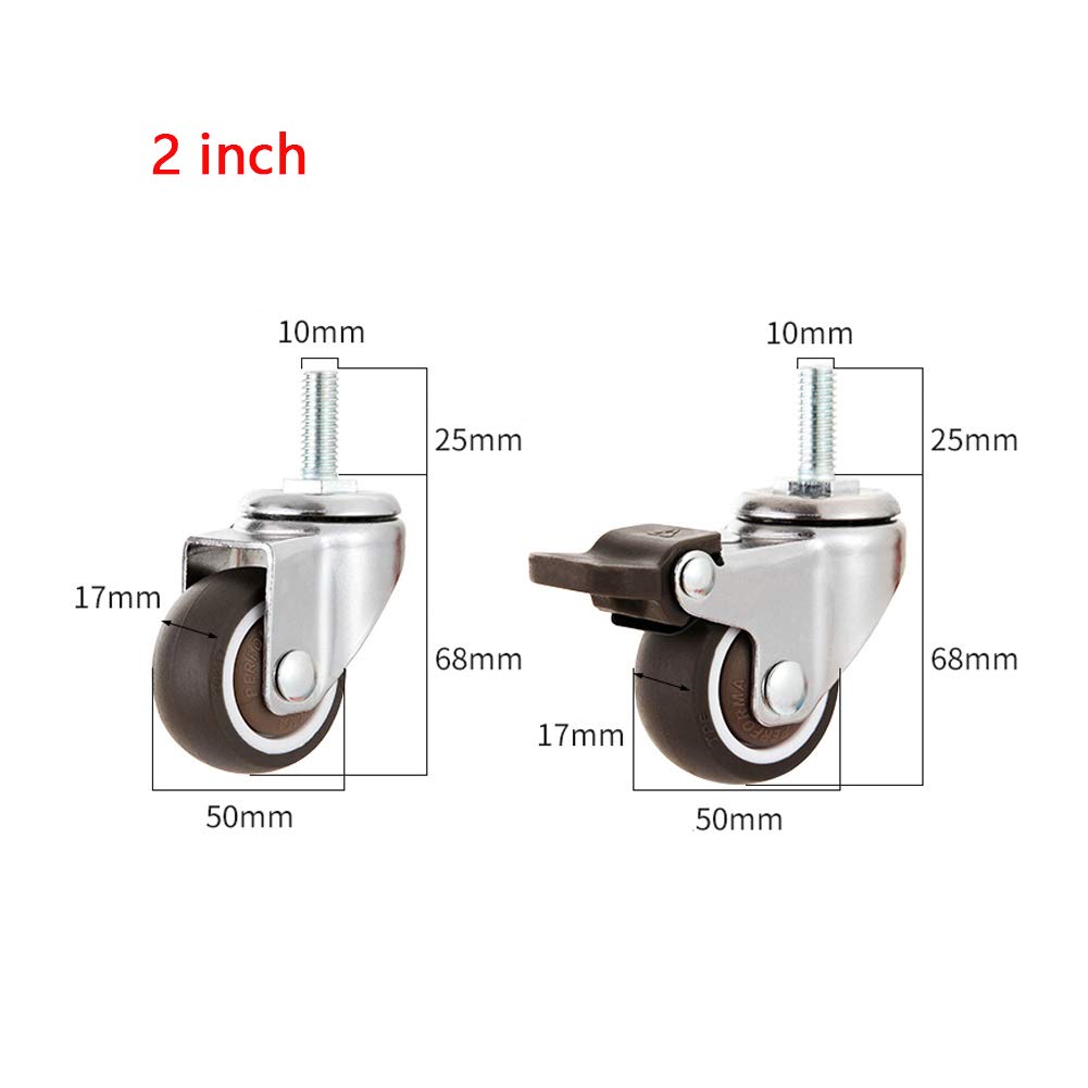 Ruedas giratorias Ruedas para Muebles Ruedas de vástago de Goma silenciosas de 2 Pulgadas y 180 kg con Freno Rosca M10 Ruedas giratorias universales de 360 ° para sofá Silla Mesa con Carro 4 Paquetes