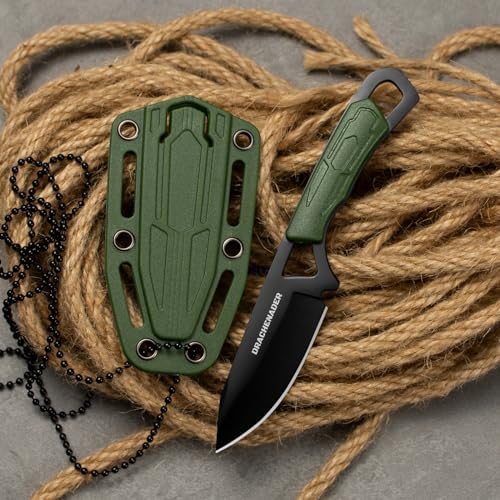 NDRACHENADER Cuchillo de cuello EDC mini fulltang con 6,9 cm de longitud de hoja y funda de ABS, hoja negra + mango verde