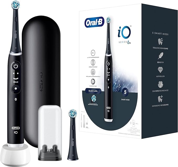 Oral-B iO Series 6 - Cepillo de dientes eléctrico, 2 cabezales, 1 estuche de viaje, 1 bolsa de almacenamiento para base de carga, diseñado por marrón, negro lava