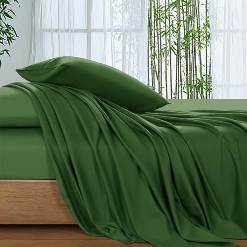 SONORO KATE 100% Viscose Derived from Bamboo_Sheets Queen Size, Ultra Breathable & Cooling Bed Sheets for Hot Sleepers, Hotel Luxury Silky Bedding Sheets, 16" Deep Pocket - 4PC (Olive,Queen)