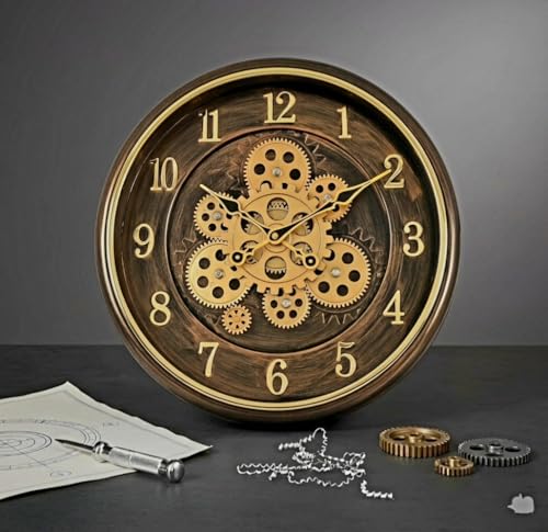 Image of Vintage Rotating, Big Size Moving Gears Wall Clock, (40 cms) 16 Inch Round Brown Mechanical Gear Design, Decorative Analog Clock for Living Room Office Hall