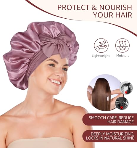 HiRui Silk Satin Bonnet for Sleeping Women, Double-Layer Sleep Cap Shower Cap with Adjustable Tie, Moisture Retaining Satin Lined Hair Bonnet for Curly and Natural Hair (Blush Pink/Pink, Medium) - Image 3