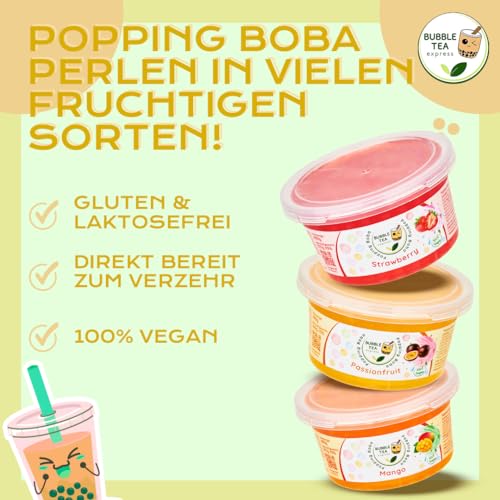 Bubble Tea Express - Bubble Tea Set 3x 490g | Erdbeere, Mango & Maracuja Boba Perlen | Bubble Tea Perlen mit fruchtigem Geschmack | Bubbles für Bubble Tea Vegan, Glutenfrei, Laktosefrei