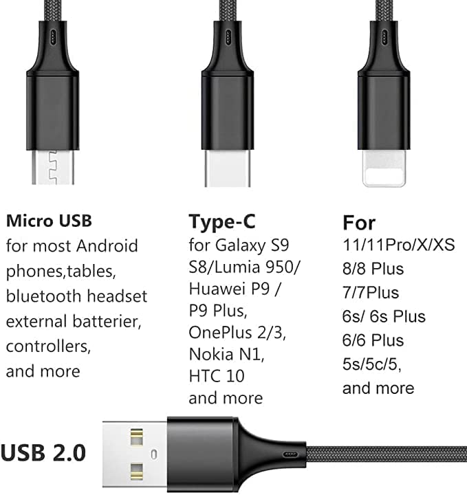 Image of The Black Store Original 3 in 1 Charging Cable Fast Charging & Data Sync USB Cable for Android Smartphones,iOS & Type C Devices(1M,Black)|Multi Pin Type C Cable,Micro USB Cable & Cable for iPhone