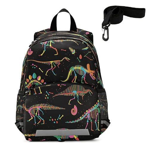 QUGRL Skeletons Dinosaurs Fossils Kids Toddler Backpack with Leash Harness Childish Cartoon Kindergarten Child Schoolbag Preschool Nursery Baby Travel Bag for Boys Girls 3-8 Years