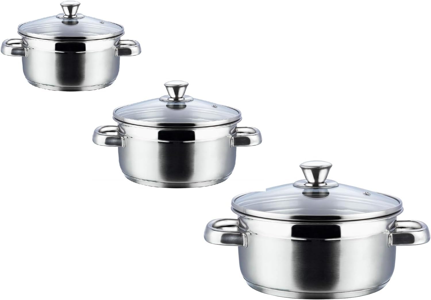 Nobel Stainless Steel Two Tone Casserole with Glass Vented Lid Heat Resistant Short Handles, Ideal for All Hobs. (Set of 3-16,18,20 cm Diameter)