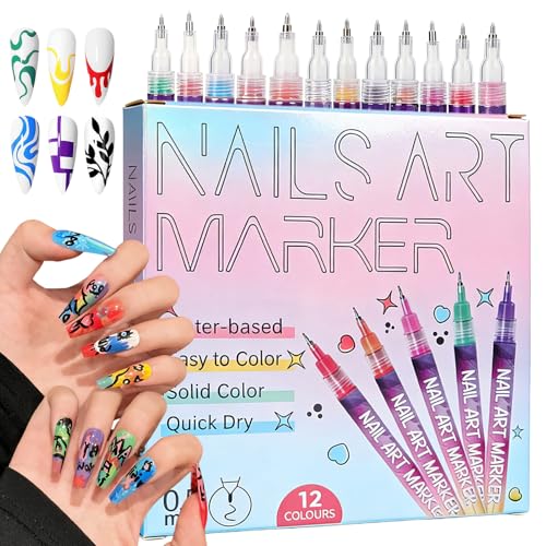 Swiftctrl Kit de 12 Stylo Nail Art 3D Professionnel, Feutres Vernis à Ongles avec Pointe Fine 0.5mm, Pointillage et Graffiti sur, ongle nail art(12 Couleurs)